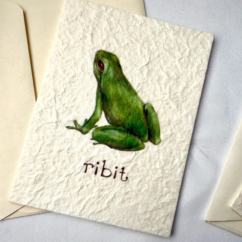 Frog and butterfly textured paper greeting card set of two